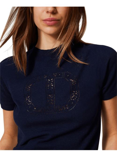 maglia donna lupetto applicazione misto viscosa blu notte TWINSET | 251TP343000238